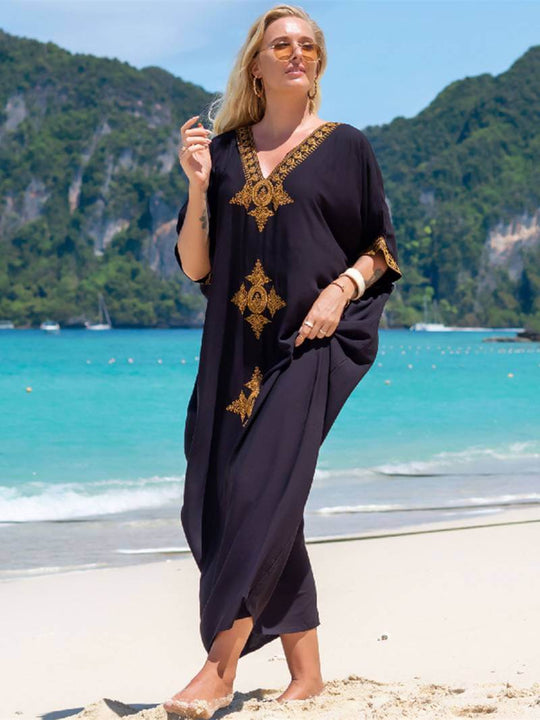 Midi zomerjurk dames in katoenen kaftan met geborduurde V - hals en losse pasvorm - ZovaFashion - Midi Jurken
