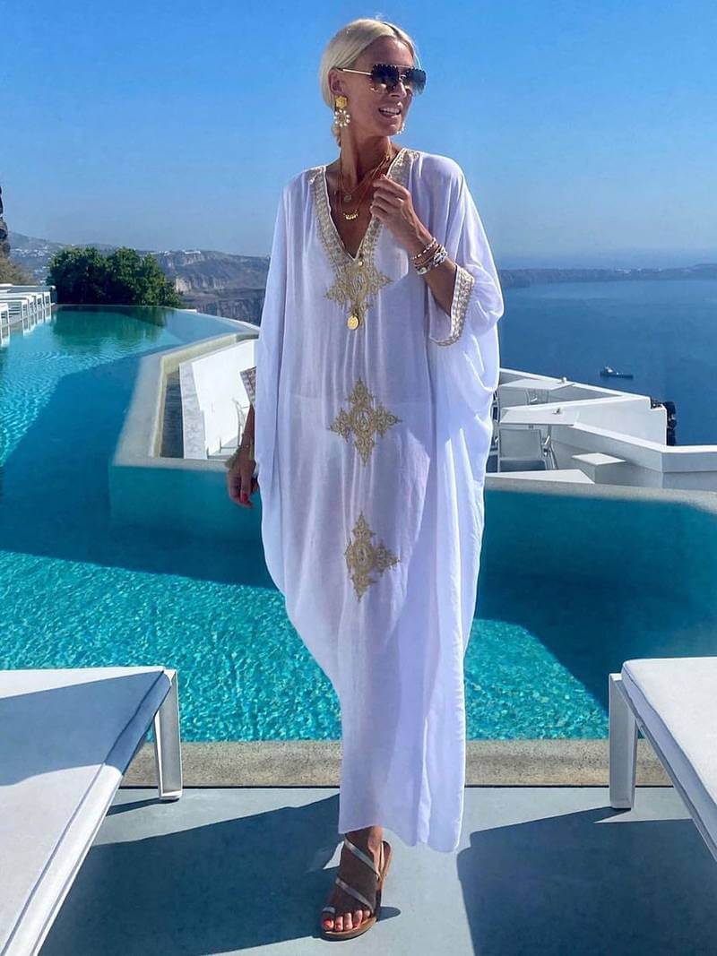 Midi zomerjurk dames in katoenen kaftan met geborduurde V - hals en losse pasvorm - ZovaFashion - Midi Jurken