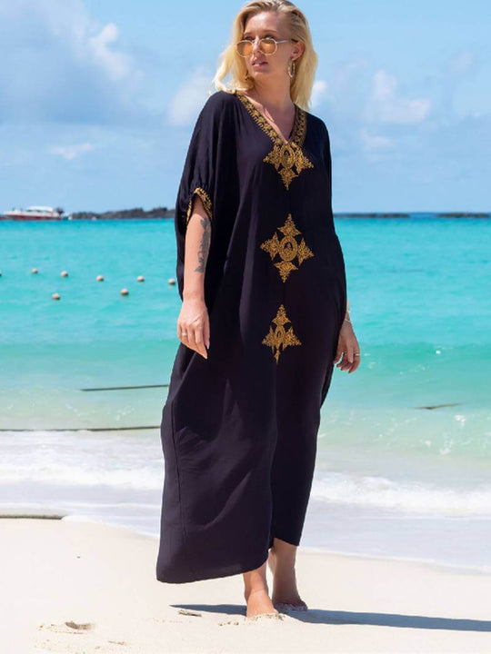 Midi zomerjurk dames in katoenen kaftan met geborduurde V - hals en losse pasvorm - ZovaFashion - Midi Jurken