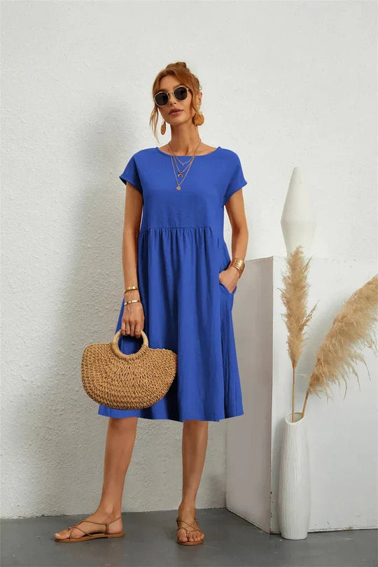 Midi Zomerjurk Dames in Katoenmix met A - Lijn en Praktische Zakken - ZovaFashion - Midi Jurk