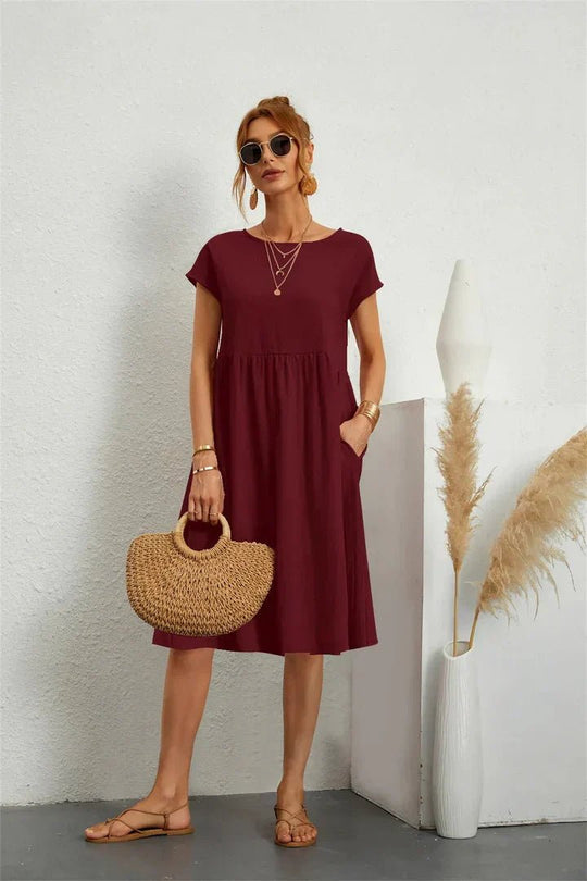Midi Zomerjurk Dames in Katoenmix met A - Lijn en Praktische Zakken - ZovaFashion - Midi Jurk