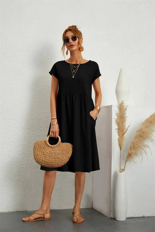 Midi Zomerjurk Dames in Katoenmix met A - Lijn en Praktische Zakken - ZovaFashion - Midi Jurk