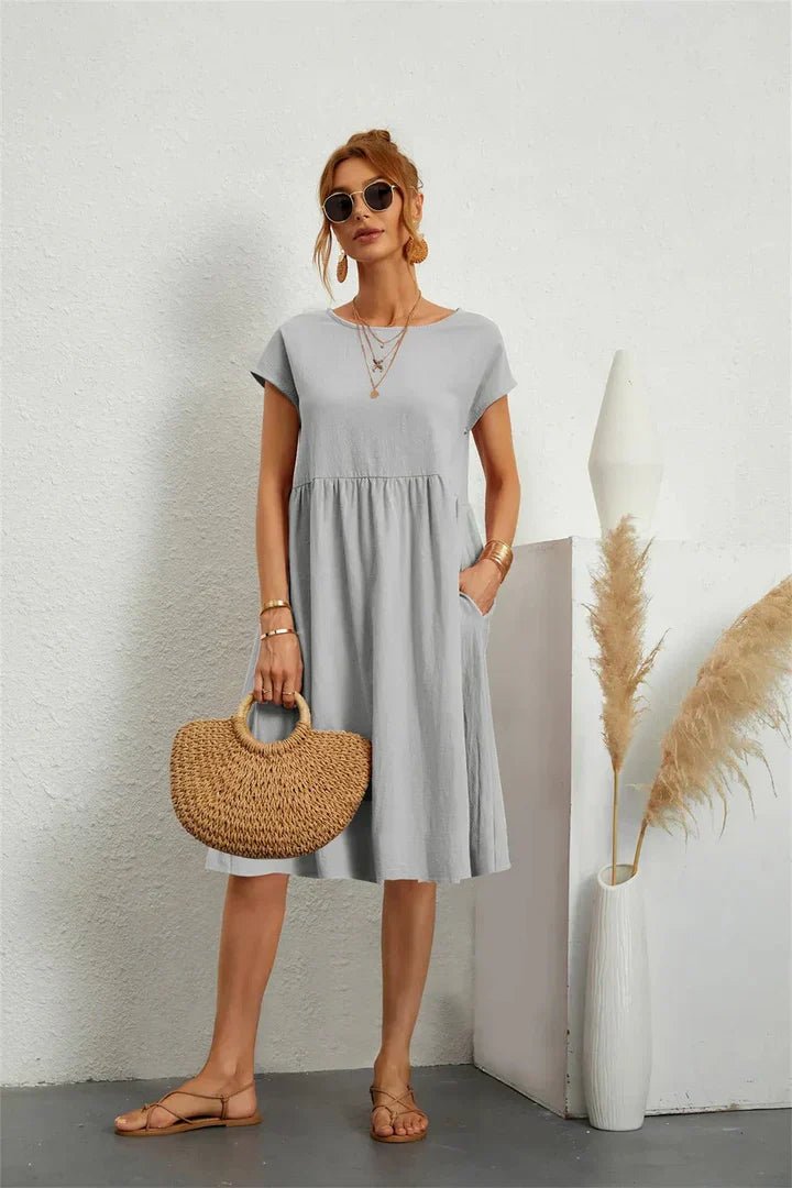 Midi Zomerjurk Dames in Katoenmix met A - Lijn en Praktische Zakken - ZovaFashion - Midi Jurk