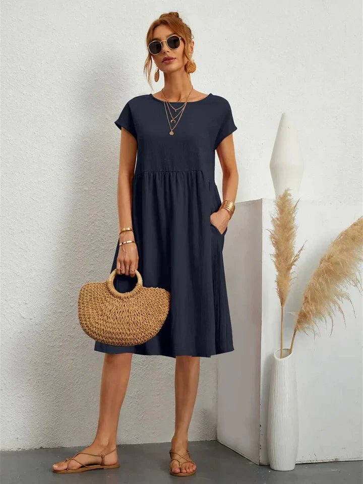 Midi Zomerjurk Dames in Katoenmix met A - Lijn en Praktische Zakken - ZovaFashion - Midi Jurk