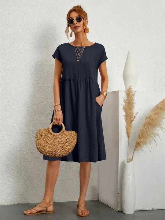 Midi Zomerjurk Dames in Katoenmix met A - Lijn en Praktische Zakken - ZovaFashion - Midi Jurk
