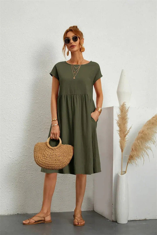 Midi Zomerjurk Dames in Katoenmix met A - Lijn en Praktische Zakken - ZovaFashion - Midi Jurk