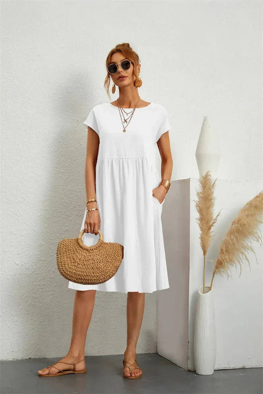 Midi Zomerjurk Dames in Katoenmix met A - Lijn en Praktische Zakken - ZovaFashion - Midi Jurk
