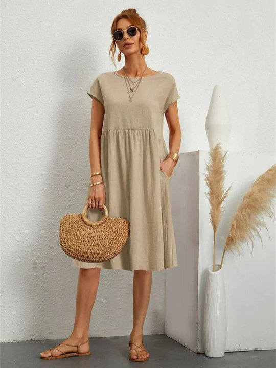 Midi Zomerjurk Dames in Katoenmix met A - Lijn en Praktische Zakken - ZovaFashion - Midi Jurk