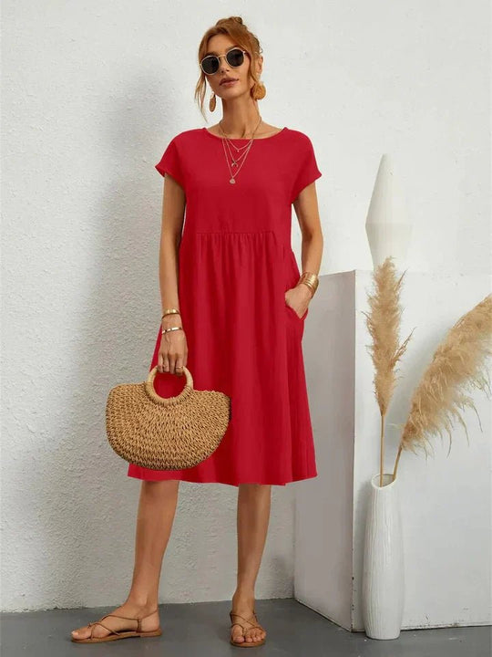 Midi Zomerjurk Dames in Katoenmix met A - Lijn en Praktische Zakken - ZovaFashion - Midi Jurk