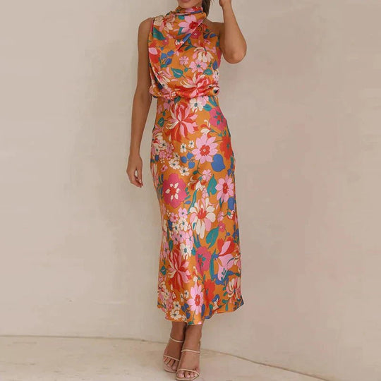 Midi zomerjurk dames in Zijdeblend met Halternek en Bloemenpatroon - ZovaFashion - Midi Jurken