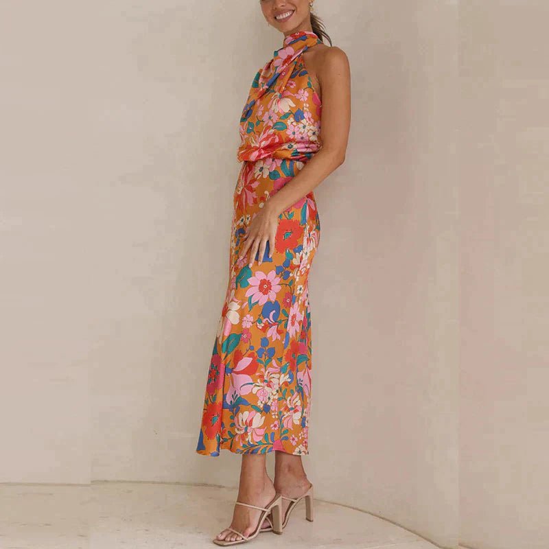 Midi zomerjurk dames in Zijdeblend met Halternek en Bloemenpatroon - ZovaFashion - Midi Jurken