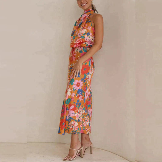Midi zomerjurk dames in Zijdeblend met Halternek en Bloemenpatroon - ZovaFashion - Midi Jurken