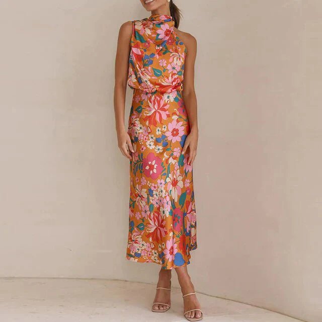Midi zomerjurk dames in Zijdeblend met Halternek en Bloemenpatroon - ZovaFashion - Midi Jurken