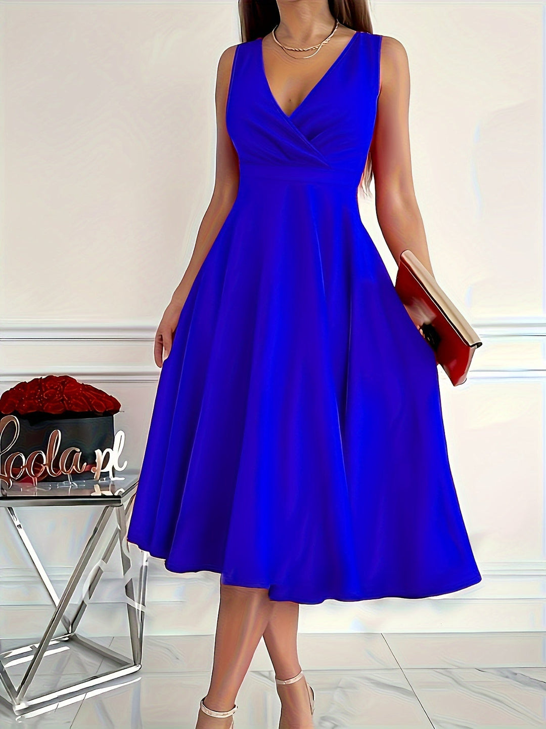 Midi zomerjurk dames met V - hals en Fit - and - Flare Silhouet van Polyester - ZovaFashion - Midi Jurken