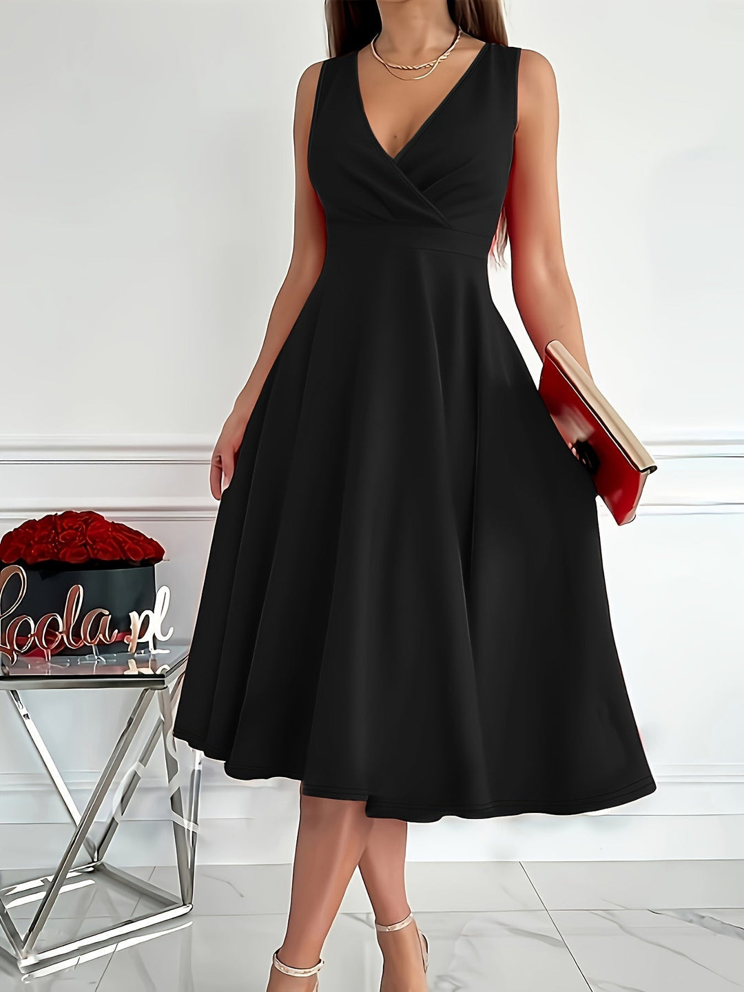 Midi zomerjurk dames met V - hals en Fit - and - Flare Silhouet van Polyester - ZovaFashion - Midi Jurken