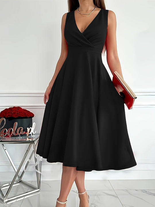 Midi zomerjurk dames met V - hals en Fit - and - Flare Silhouet van Polyester - ZovaFashion - Midi Jurken
