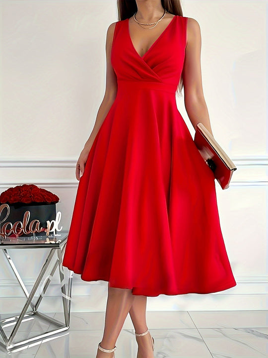 Midi zomerjurk dames met V - hals en Fit - and - Flare Silhouet van Polyester - ZovaFashion - Midi Jurken