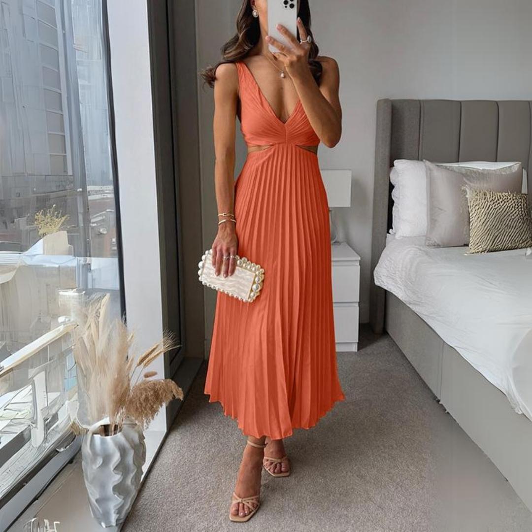 Midi Zomerjurk Dames met V - Hals en Plooirok in Moderne Stijl - ZovaFashion - Midi Jurken
