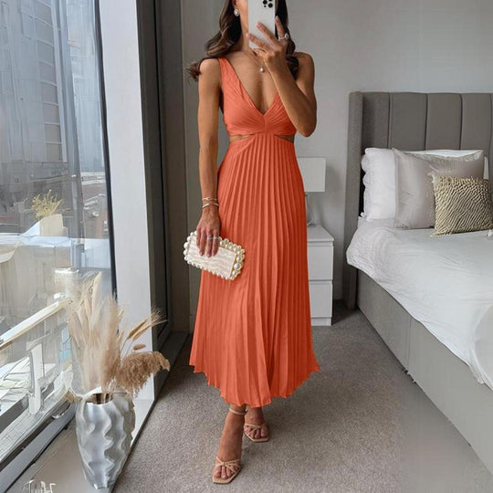 Midi Zomerjurk Dames met V - Hals en Plooirok in Moderne Stijl - ZovaFashion - Midi Jurken