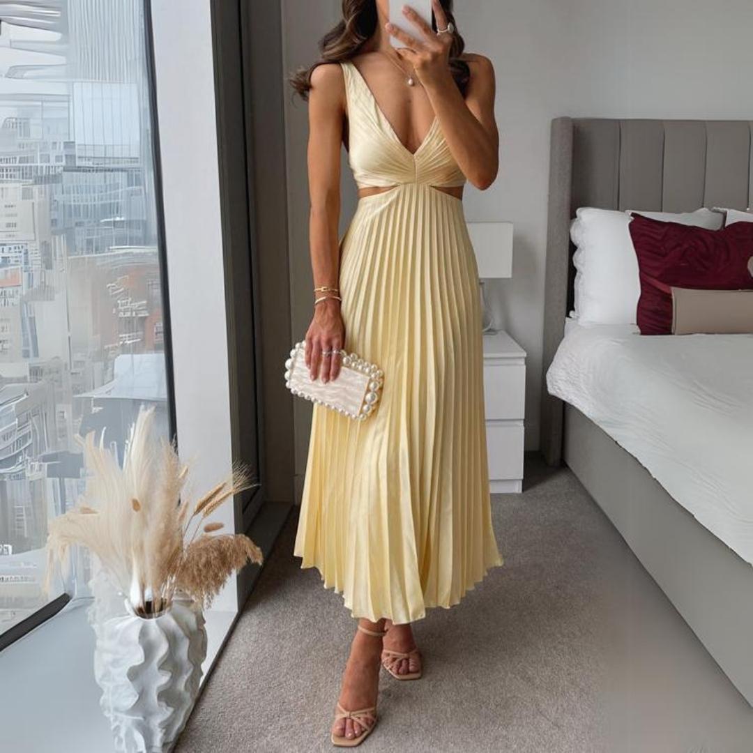 Midi Zomerjurk Dames met V - Hals en Plooirok in Moderne Stijl - ZovaFashion - Midi Jurken