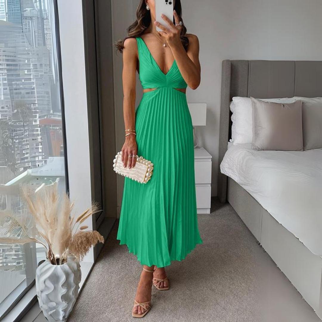 Midi Zomerjurk Dames met V - Hals en Plooirok in Moderne Stijl - ZovaFashion - Midi Jurken