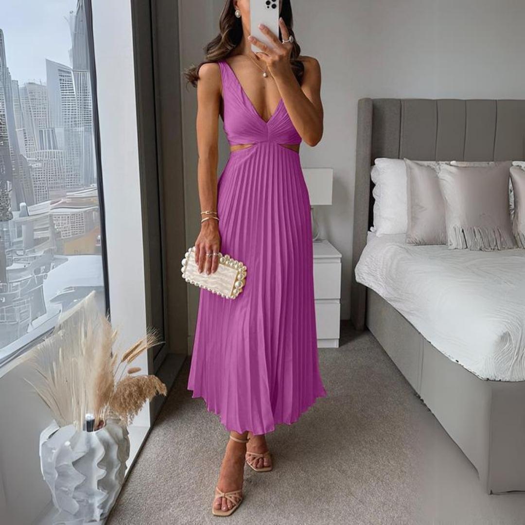 Midi Zomerjurk Dames met V - Hals en Plooirok in Moderne Stijl - ZovaFashion - Midi Jurken