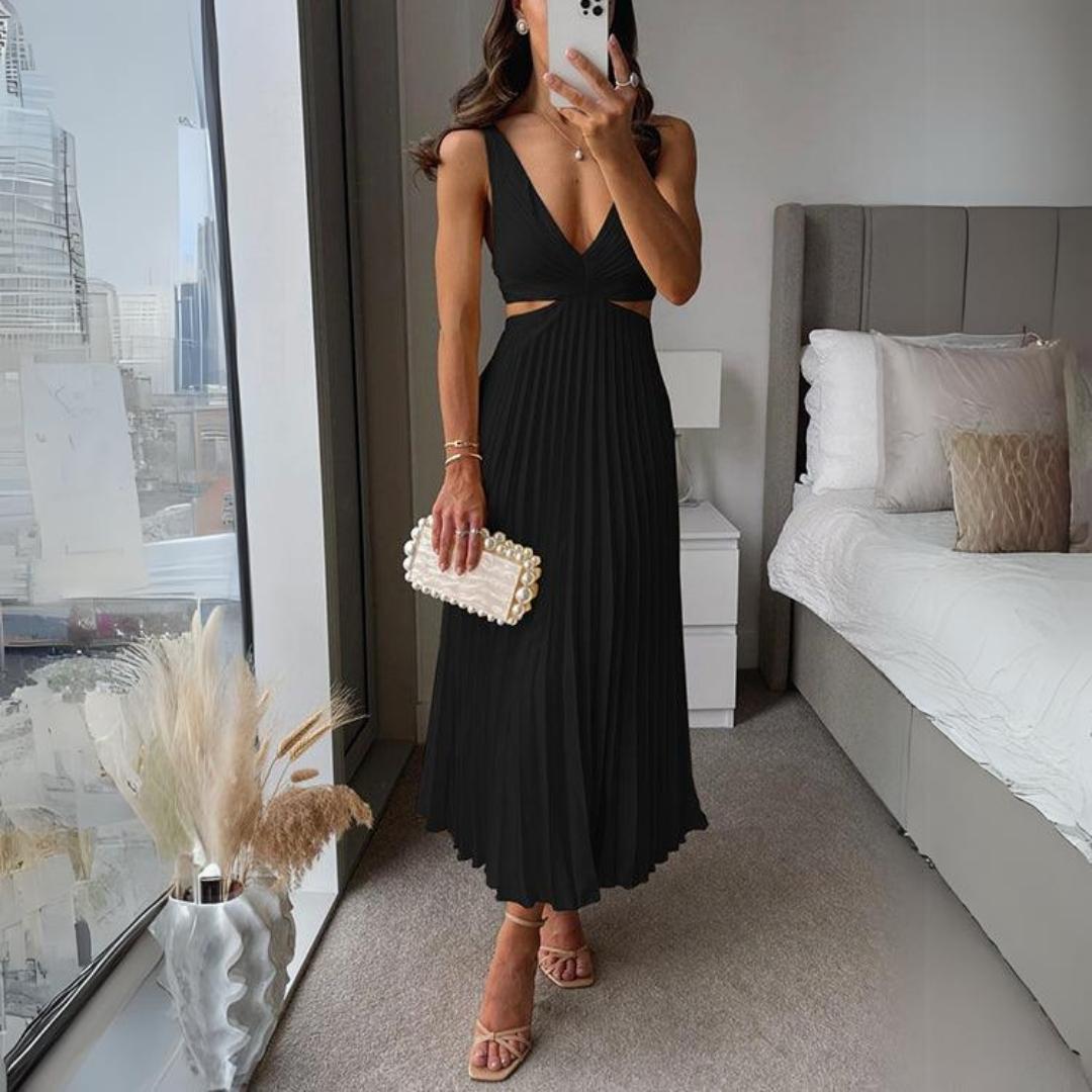 Midi Zomerjurk Dames met V - Hals en Plooirok in Moderne Stijl - ZovaFashion - Midi Jurken