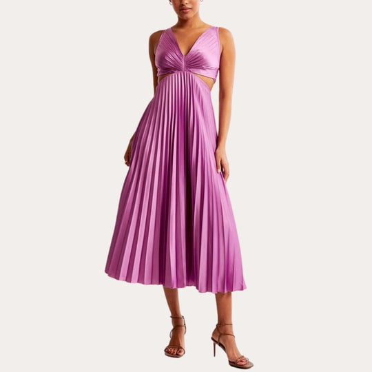 Midi Zomerjurk Dames met V - Hals en Plooirok in Moderne Stijl - ZovaFashion - Midi Jurken