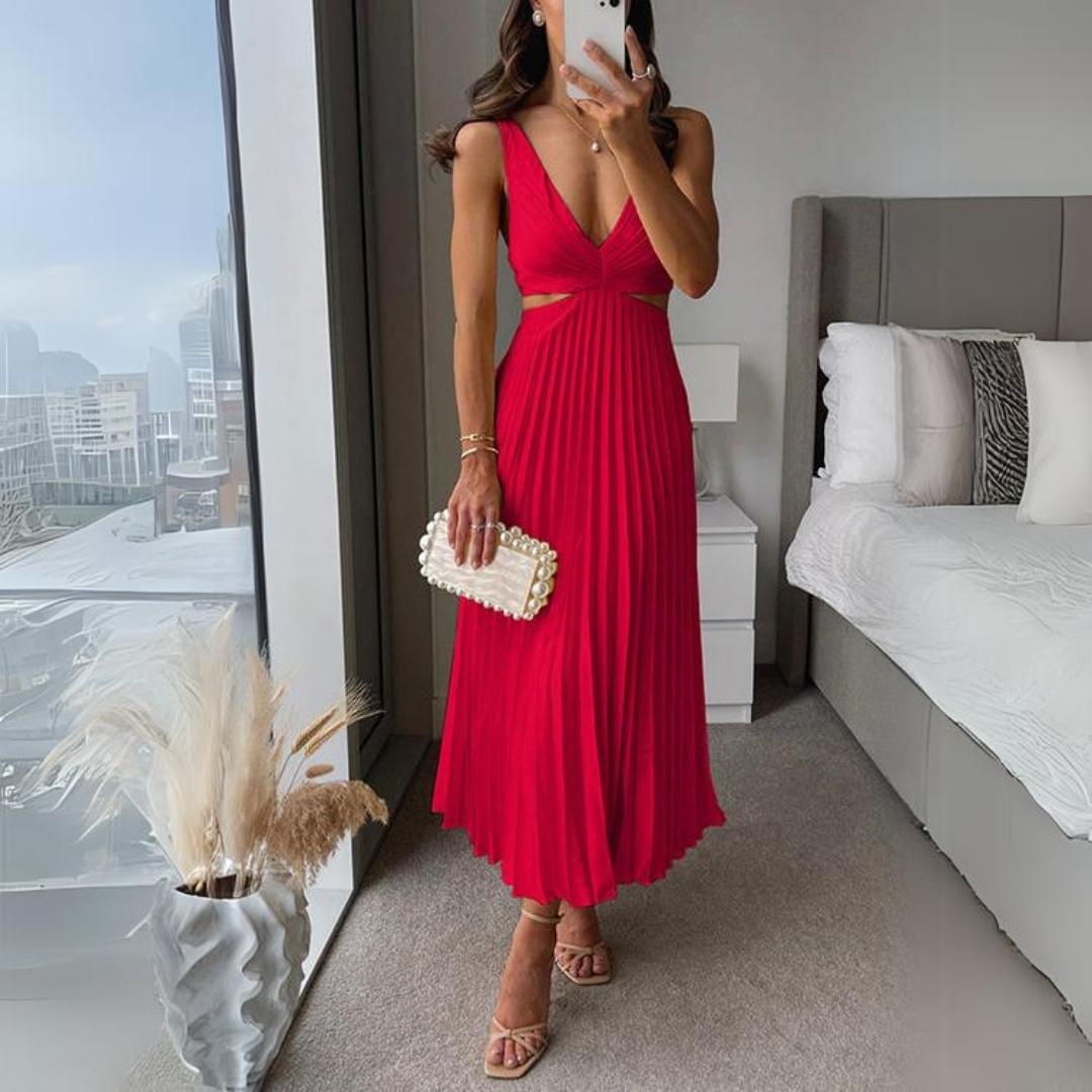 Midi Zomerjurk Dames met V - Hals en Plooirok in Moderne Stijl - ZovaFashion - Midi Jurken