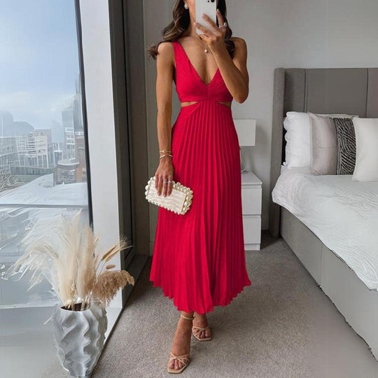 Midi Zomerjurk Dames met V - Hals en Plooirok in Moderne Stijl - ZovaFashion - Midi Jurken