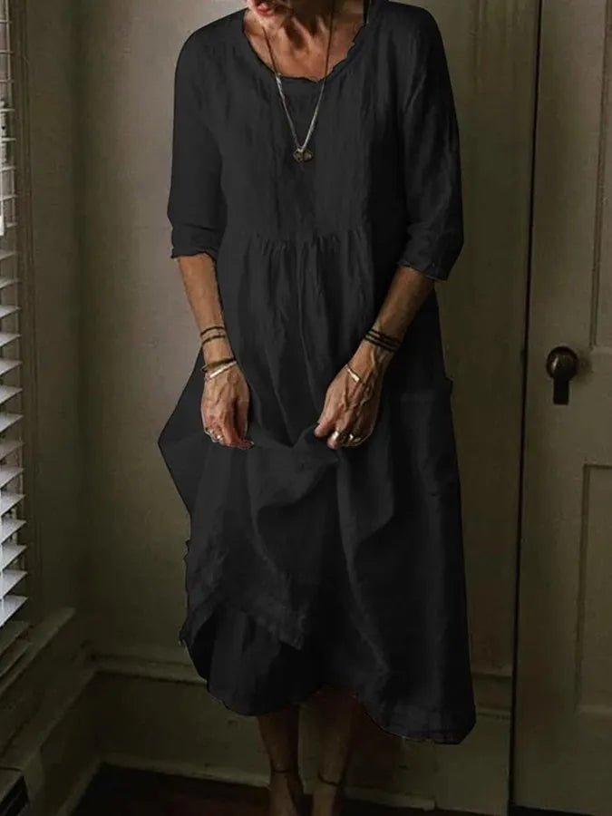 Midi Zomerjurk Dames van Katoen Linnen met Asymmetrische Zoom en 3/4 Mouw - Zova - Fashion