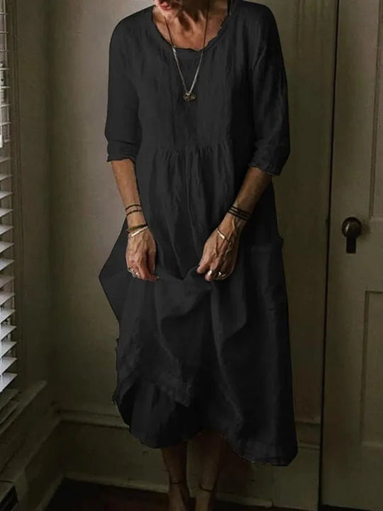 Midi Zomerjurk Dames van Katoen Linnen met Asymmetrische Zoom en 3/4 Mouw - Zova - Fashion