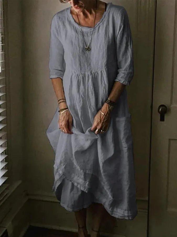 Midi Zomerjurk Dames van Katoen Linnen met Asymmetrische Zoom en 3/4 Mouw - Zova - Fashion