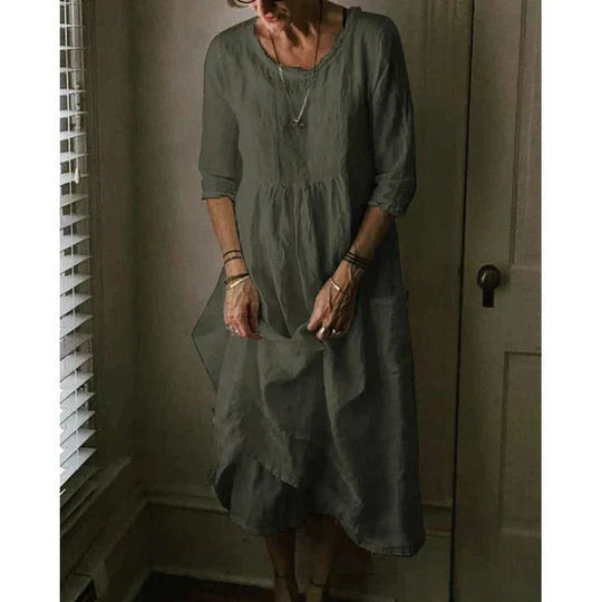 Midi Zomerjurk Dames van Katoen Linnen met Asymmetrische Zoom en 3/4 Mouw - Zova - Fashion