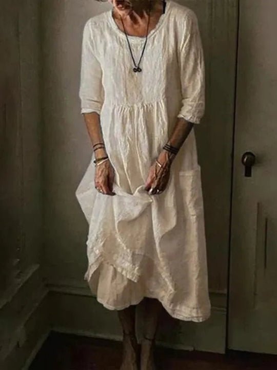 Midi Zomerjurk Dames van Katoen Linnen met Asymmetrische Zoom en 3/4 Mouw - Zova - Fashion
