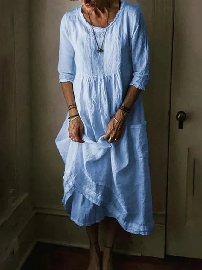Midi Zomerjurk Dames van Katoen Linnen met Asymmetrische Zoom en 3/4 Mouw - Zova - Fashion