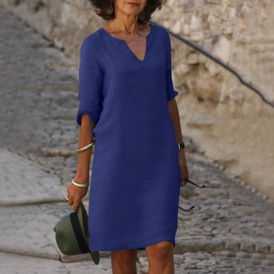 Midi Zomerjurk Dames van Katoen met Elbow - Length Mouwen en Relaxed Fit - ZovaFashion - Midi Jurk