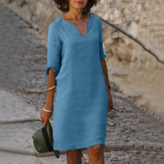 Midi Zomerjurk Dames van Katoen met Elbow - Length Mouwen en Relaxed Fit - ZovaFashion - Midi Jurk