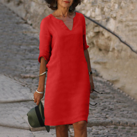 Midi Zomerjurk Dames van Katoen met Elbow - Length Mouwen en Relaxed Fit - ZovaFashion - Midi Jurk