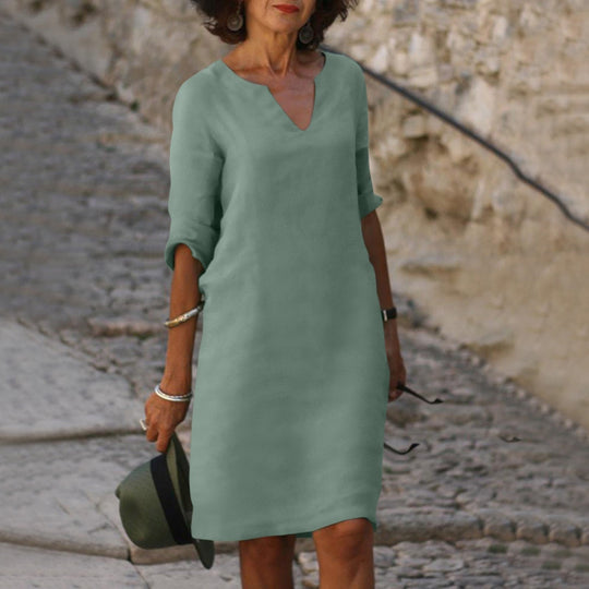 Midi Zomerjurk Dames van Katoen met Elbow - Length Mouwen en Relaxed Fit - ZovaFashion - Midi Jurk