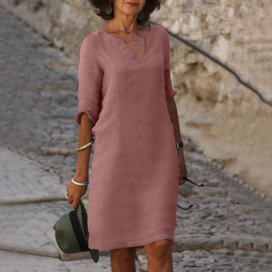 Midi Zomerjurk Dames van Katoen met Elbow - Length Mouwen en Relaxed Fit - ZovaFashion - Midi Jurk