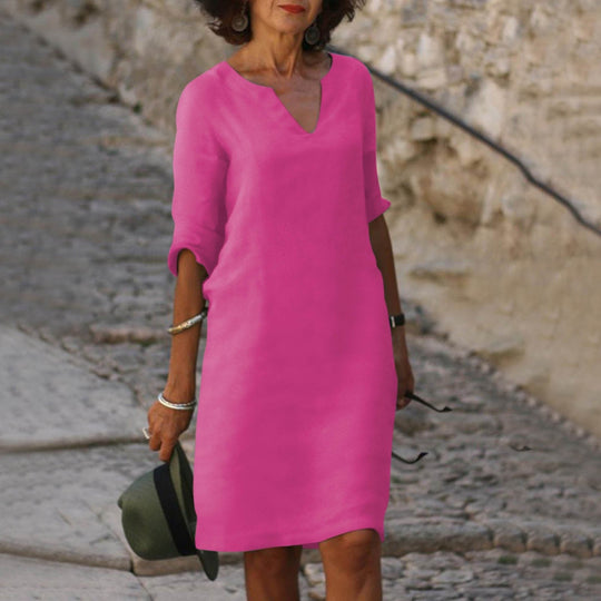Midi Zomerjurk Dames van Katoen met Elbow - Length Mouwen en Relaxed Fit - ZovaFashion - Midi Jurk