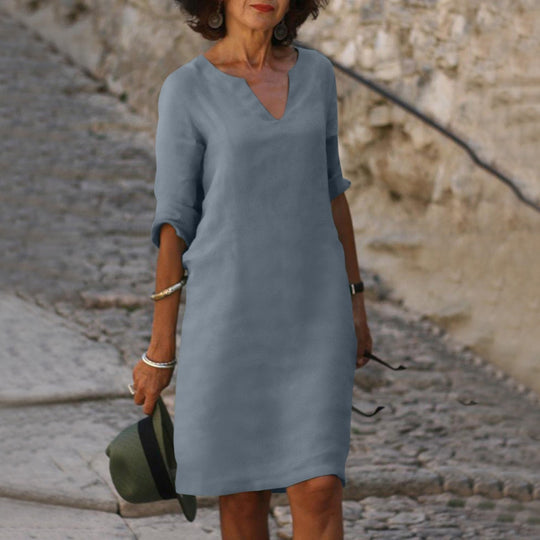 Midi Zomerjurk Dames van Katoen met Elbow - Length Mouwen en Relaxed Fit - ZovaFashion - Midi Jurk