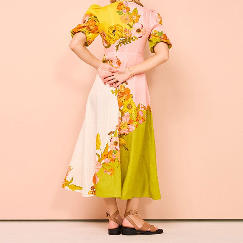 Midi Zomerjurk Dames van Katoen met Etnische Bloemenprint en Pofmouwen - ZovaFashion - Midi Jurk