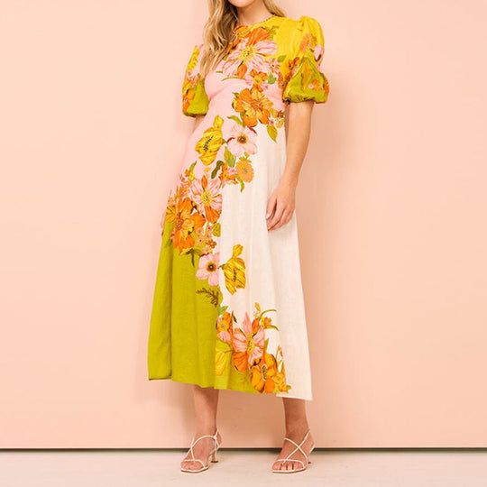 Midi Zomerjurk Dames van Katoen met Etnische Bloemenprint en Pofmouwen - ZovaFashion - Midi Jurk