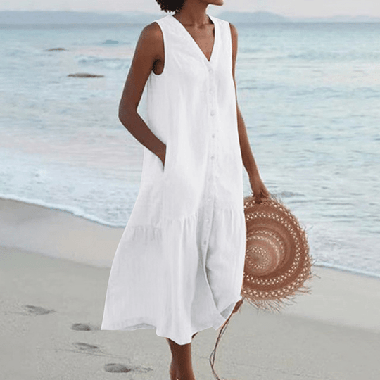 Midi Zomerjurk Dames van Katoen met Flatterende V - Hals en Lichtgewicht Pasvorm - ZovaFashion - Midi Jurk