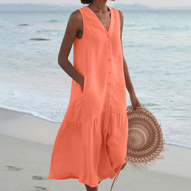 Midi Zomerjurk Dames van Katoen met Flatterende V - Hals en Lichtgewicht Pasvorm - ZovaFashion - Midi Jurk