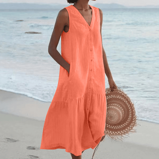Midi Zomerjurk Dames van Katoen met Flatterende V - Hals en Lichtgewicht Pasvorm - ZovaFashion - Midi Jurk