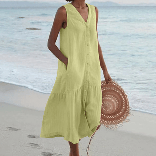 Midi Zomerjurk Dames van Katoen met Flatterende V - Hals en Lichtgewicht Pasvorm - ZovaFashion - Midi Jurk
