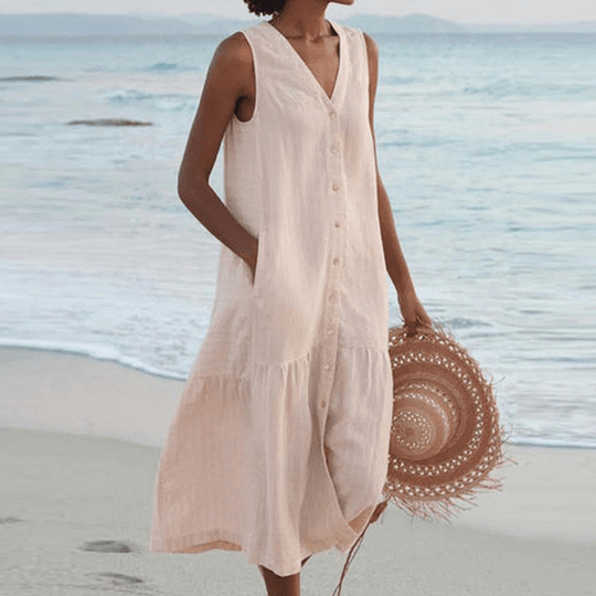 Midi Zomerjurk Dames van Katoen met Flatterende V - Hals en Lichtgewicht Pasvorm - ZovaFashion - Midi Jurk